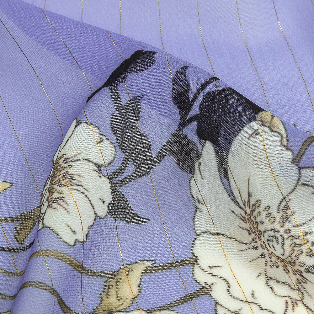 Polyester Chiffon Print with Metallic Pinstripes - Lavender and White Floral - Mood Exclusive Ornamental Orchestra Detail Polyester Chiffon Print with Metallic Pinstripes - Lavender and White Floral - Mood Exclusive Ornamental Orchestra Detail