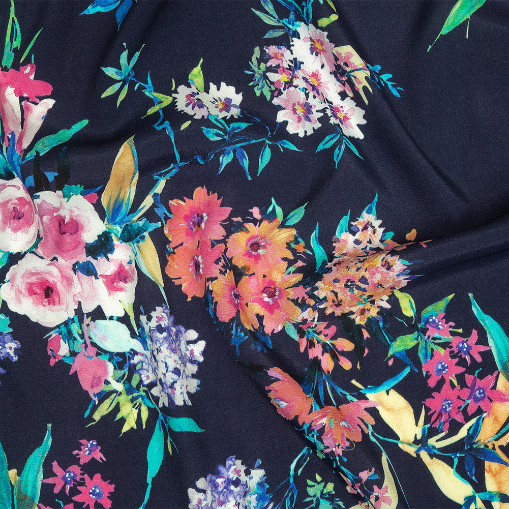 Sustainable Viscose Crepe Print - Navy, Pink and Green Floral - Mood Exclusive Pick of the Bunch Sustainable Viscose Crepe Print - Navy, Pink and Green Floral - Mood Exclusive Pick of the Bunch