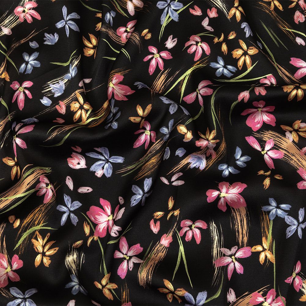 Polyester Charmeuse Print - Black, Pink and Blue Floral - Mood Exclusive In the Wind Polyester Charmeuse Print - Black, Pink and Blue Floral - Mood Exclusive In the Wind