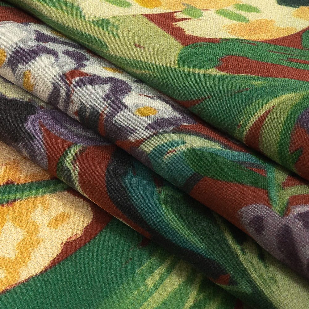 Polyester Crepe de Chine Print - Burnt Russet Brown, Yellow and Purple Floral - Mood Exclusive Language of Flowers Folded Polyester Crepe de Chine Print - Burnt Russet Brown, Yellow and Purple Floral - Mood Exclusive Language of Flowers Folded