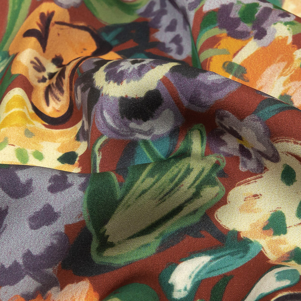 Polyester Crepe de Chine Print - Burnt Russet Brown, Yellow and Purple Floral - Mood Exclusive Language of Flowers Detail Polyester Crepe de Chine Print - Burnt Russet Brown, Yellow and Purple Floral - Mood Exclusive Language of Flowers Detail