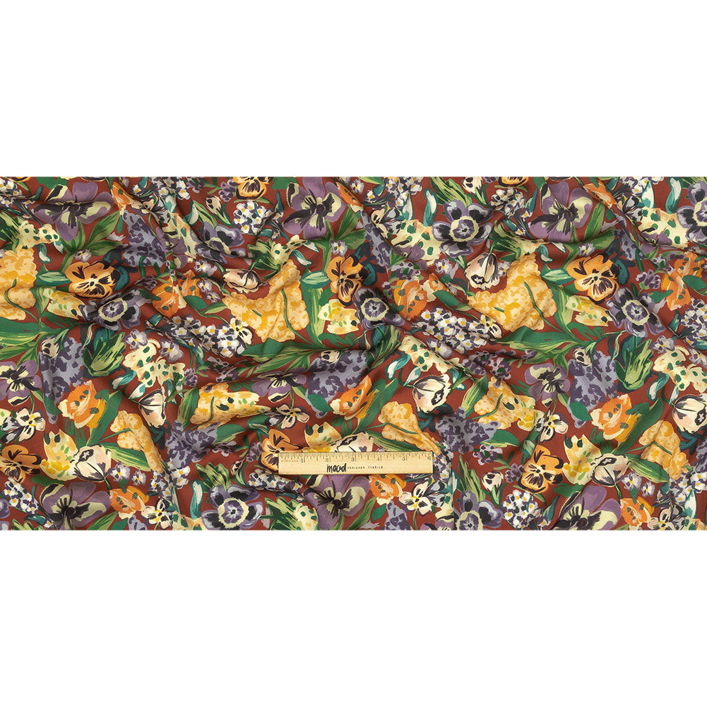 Polyester Crepe de Chine Print - Burnt Russet Brown, Yellow and Purple Floral - Mood Exclusive Language of Flowers Full Polyester Crepe de Chine Print - Burnt Russet Brown, Yellow and Purple Floral - Mood Exclusive Language of Flowers Full
