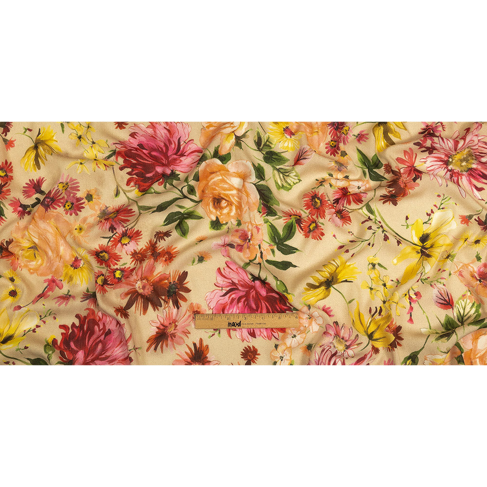 Gauzy Wrinkled Rayon Woven Print - Beige, Pink and Yellow Floral - Mood Exclusive Flower Stand Full Gauzy Wrinkled Rayon Woven Print - Beige, Pink and Yellow Floral - Mood Exclusive Flower Stand Full