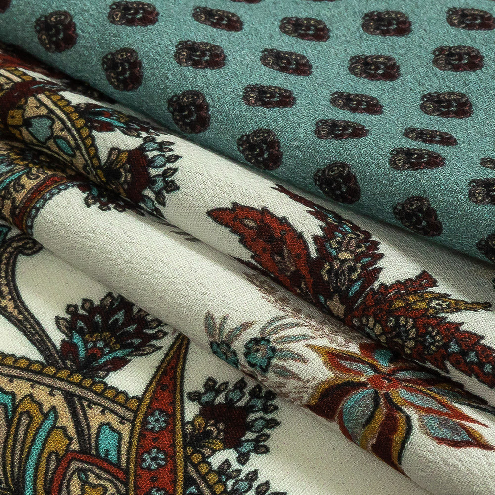 Sustainable Viscose Crepe Panel - Teal and Burgundy Paisley Decorative Squares - Mood Exclusive Destination Dubai Folded Sustainable Viscose Crepe Panel - Teal and Burgundy Paisley Decorative Squares - Mood Exclusive Destination Dubai Folded