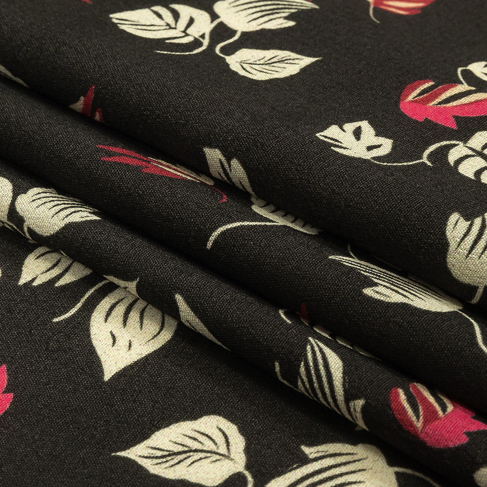 Viscose Crepe Print - Black, White and Pink Leaves - Mood Exclusive Lingering Leaves Folded Viscose Crepe Print - Black, White and Pink Leaves - Mood Exclusive Lingering Leaves Folded