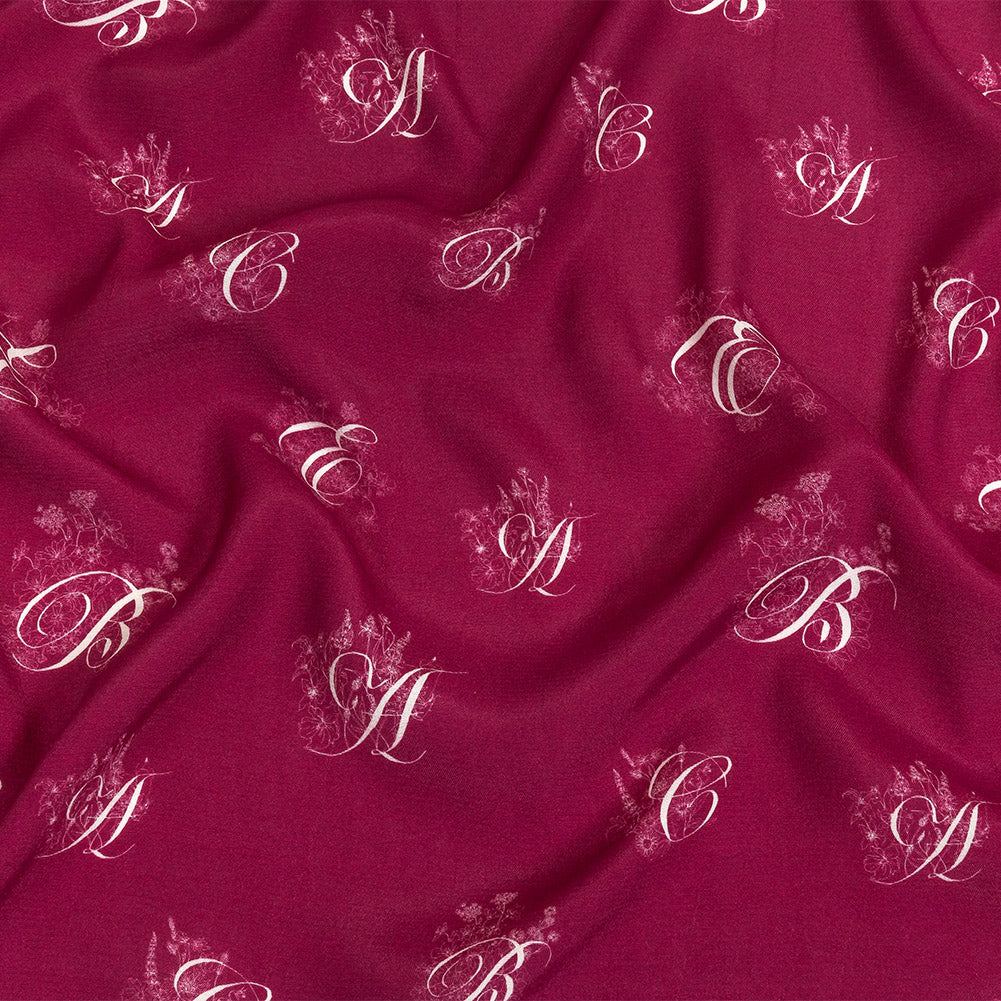 Sustainable Viscose Woven Print - Magenta and White Floral Calligraphic Script - Mood Exclusive ABC Bouquet Sustainable Viscose Woven Print - Magenta and White Floral Calligraphic Script - Mood Exclusive ABC Bouquet