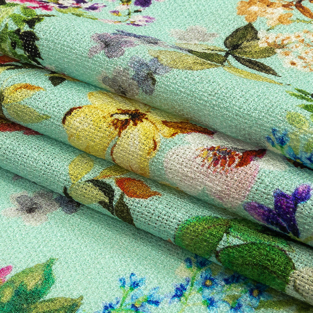 Slubbed Polyester Gauze - Aqua and Rainbow Floral - Mood Exclusive Mallorcan Morning Print Folded Slubbed Polyester Gauze - Aqua and Rainbow Floral - Mood Exclusive Mallorcan Morning Print Folded