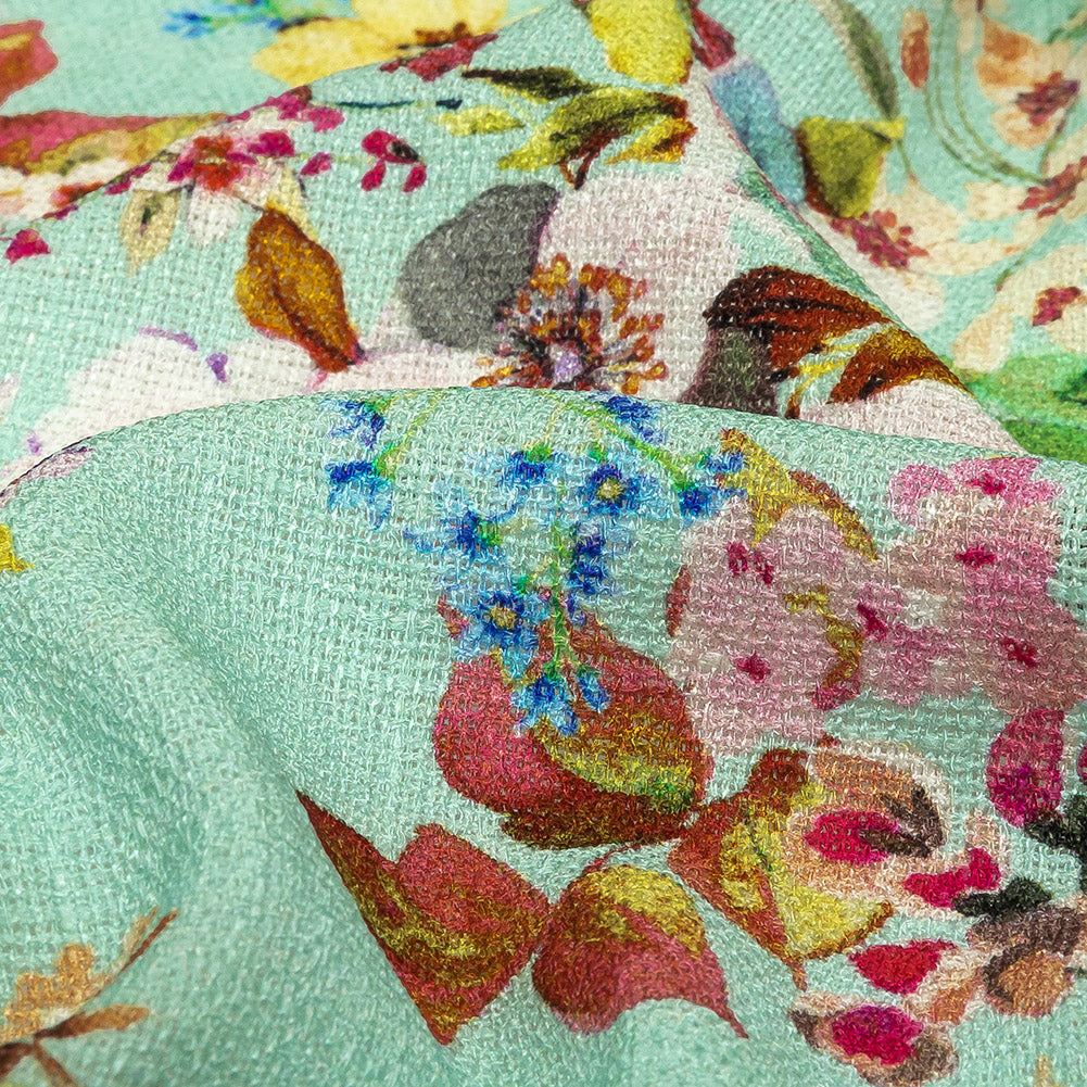 Slubbed Polyester Gauze - Aqua and Rainbow Floral - Mood Exclusive Mallorcan Morning Print Detail Slubbed Polyester Gauze - Aqua and Rainbow Floral - Mood Exclusive Mallorcan Morning Print Detail