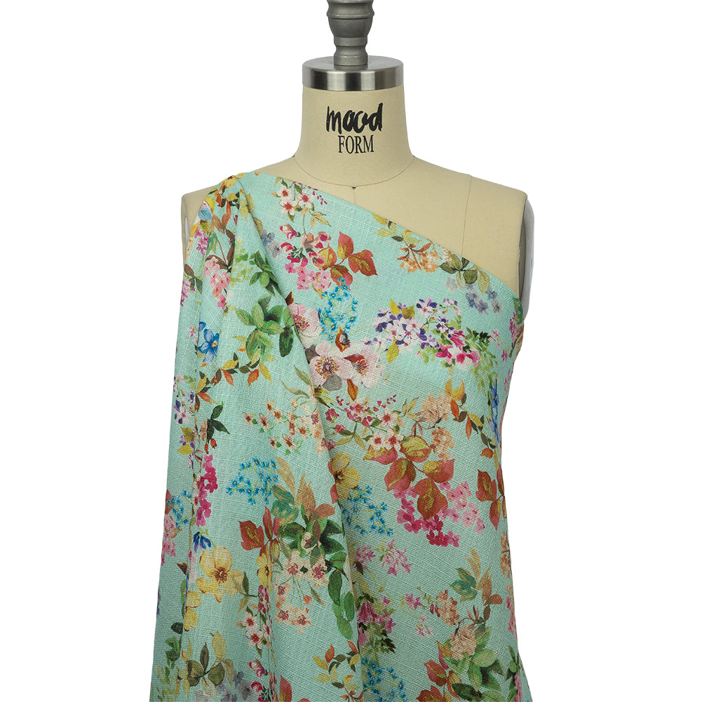 Slubbed Polyester Gauze - Aqua and Rainbow Floral - Mood Exclusive Mallorcan Morning Print Drape Slubbed Polyester Gauze - Aqua and Rainbow Floral - Mood Exclusive Mallorcan Morning Print Drape