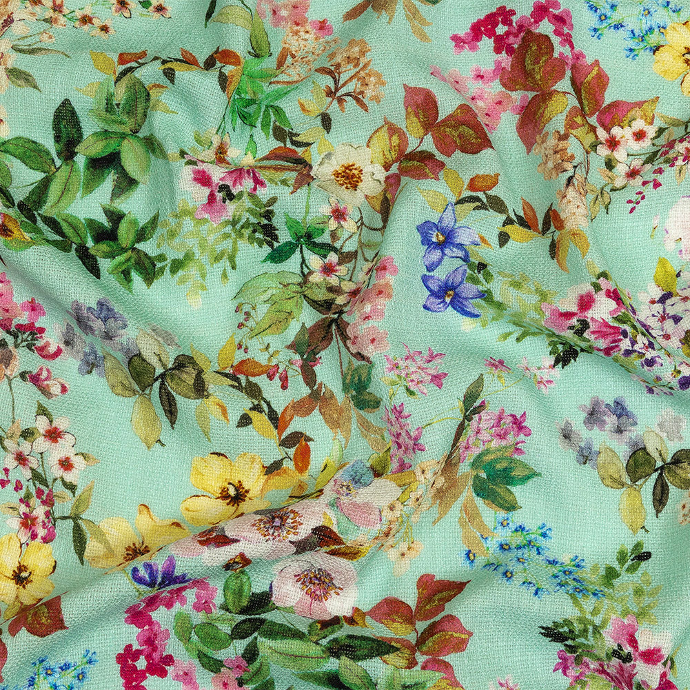 Slubbed Polyester Gauze - Aqua and Rainbow Floral - Mood Exclusive Mallorcan Morning Print Slubbed Polyester Gauze - Aqua and Rainbow Floral - Mood Exclusive Mallorcan Morning Print