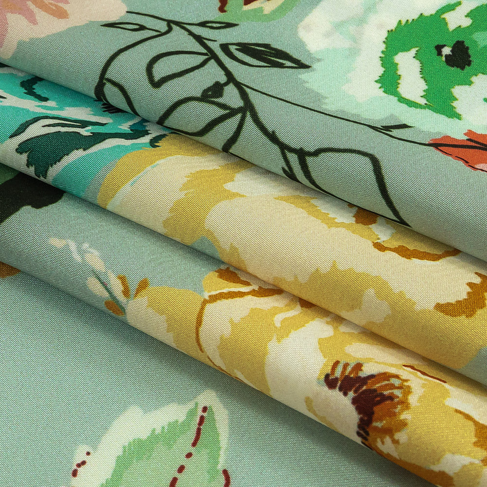 Polyester Charmeuse Print - Mint, Red and Yellow Floral - Mood Exclusive Going Electric Folded Polyester Charmeuse Print - Mint, Red and Yellow Floral - Mood Exclusive Going Electric Folded