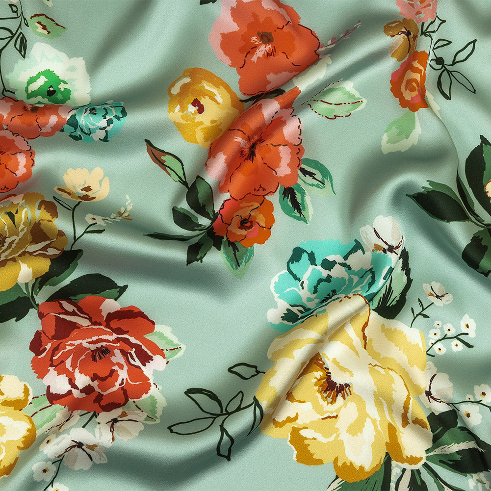 Polyester Charmeuse Print - Mint, Red and Yellow Floral - Mood Exclusive Going Electric Polyester Charmeuse Print - Mint, Red and Yellow Floral - Mood Exclusive Going Electric