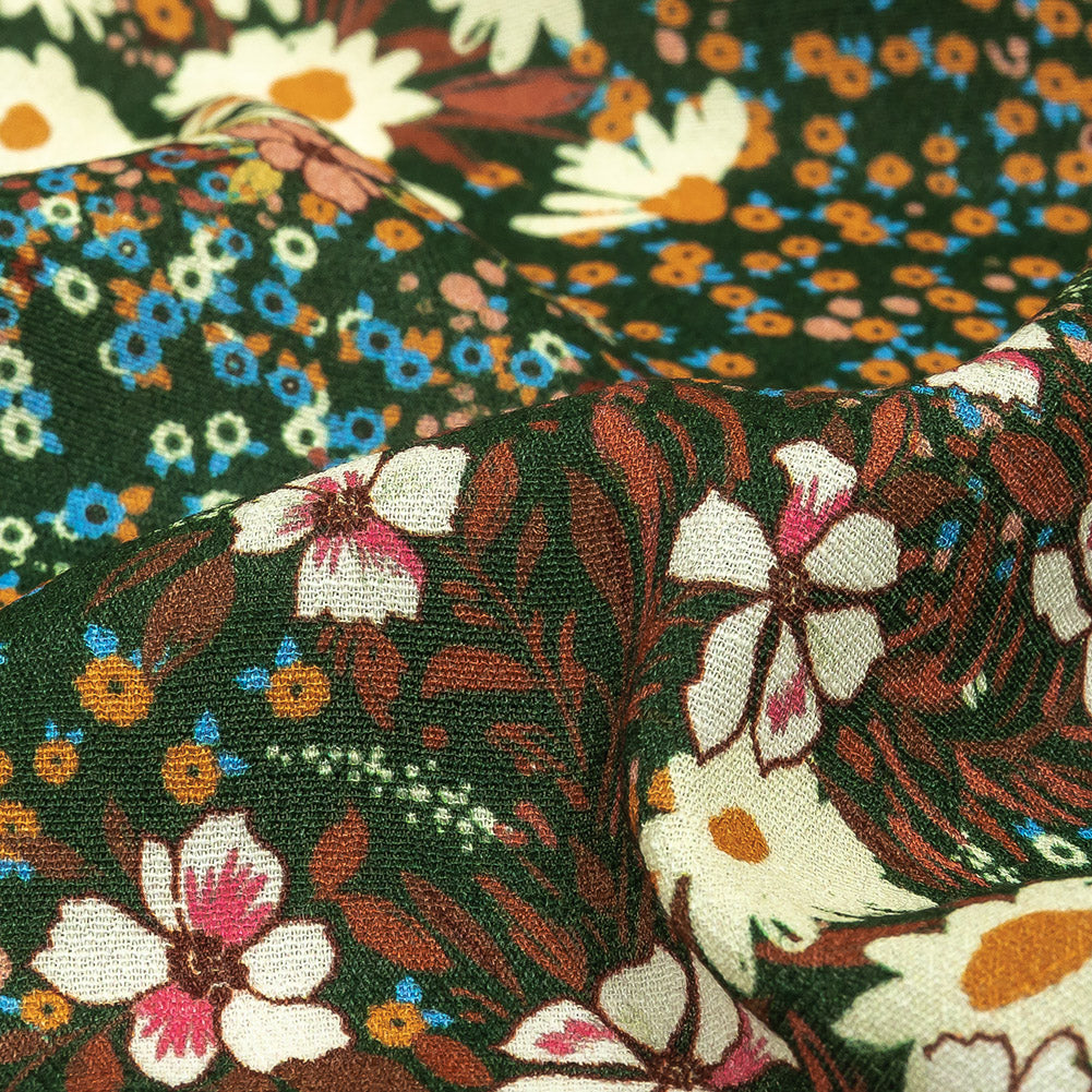 Gauzy Viscose Crepe Print - Green, Orange and Teal Floral - Mood Exclusive Meet Me at Midnight Detail Gauzy Viscose Crepe Print - Green, Orange and Teal Floral - Mood Exclusive Meet Me at Midnight Detail