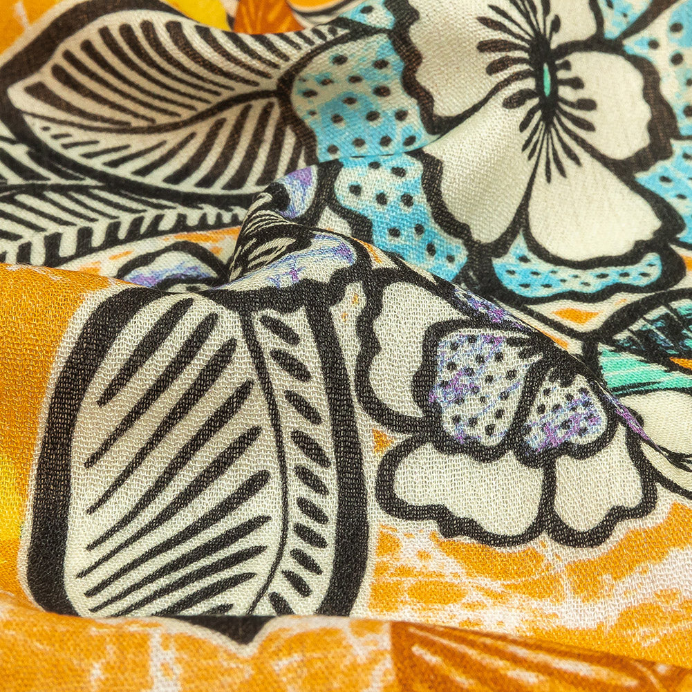 Gauzy Wrinkled Rayon Woven Print - Butterscotch Orange and Blue Floral - Mood Exclusive Blackened Buds Folded Gauzy Wrinkled Rayon Woven Print - Butterscotch Orange and Blue Floral - Mood Exclusive Blackened Buds Folded