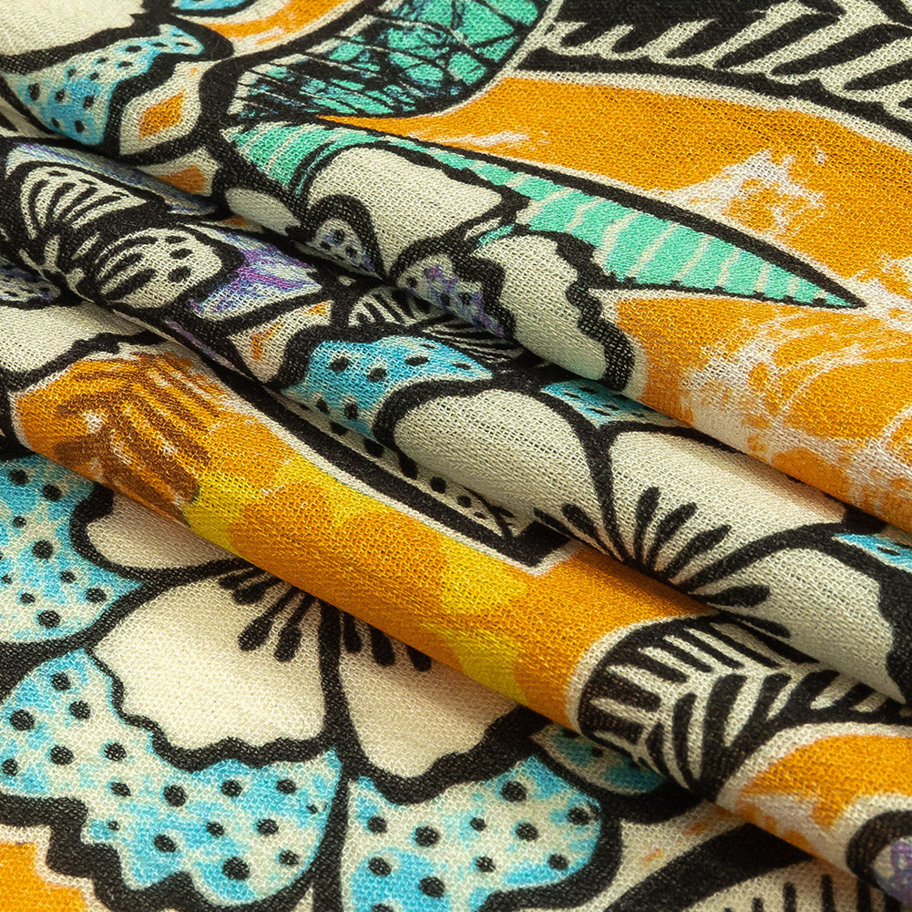 Gauzy Wrinkled Rayon Woven Print - Butterscotch Orange and Blue Floral - Mood Exclusive Blackened Buds Full Gauzy Wrinkled Rayon Woven Print - Butterscotch Orange and Blue Floral - Mood Exclusive Blackened Buds Full