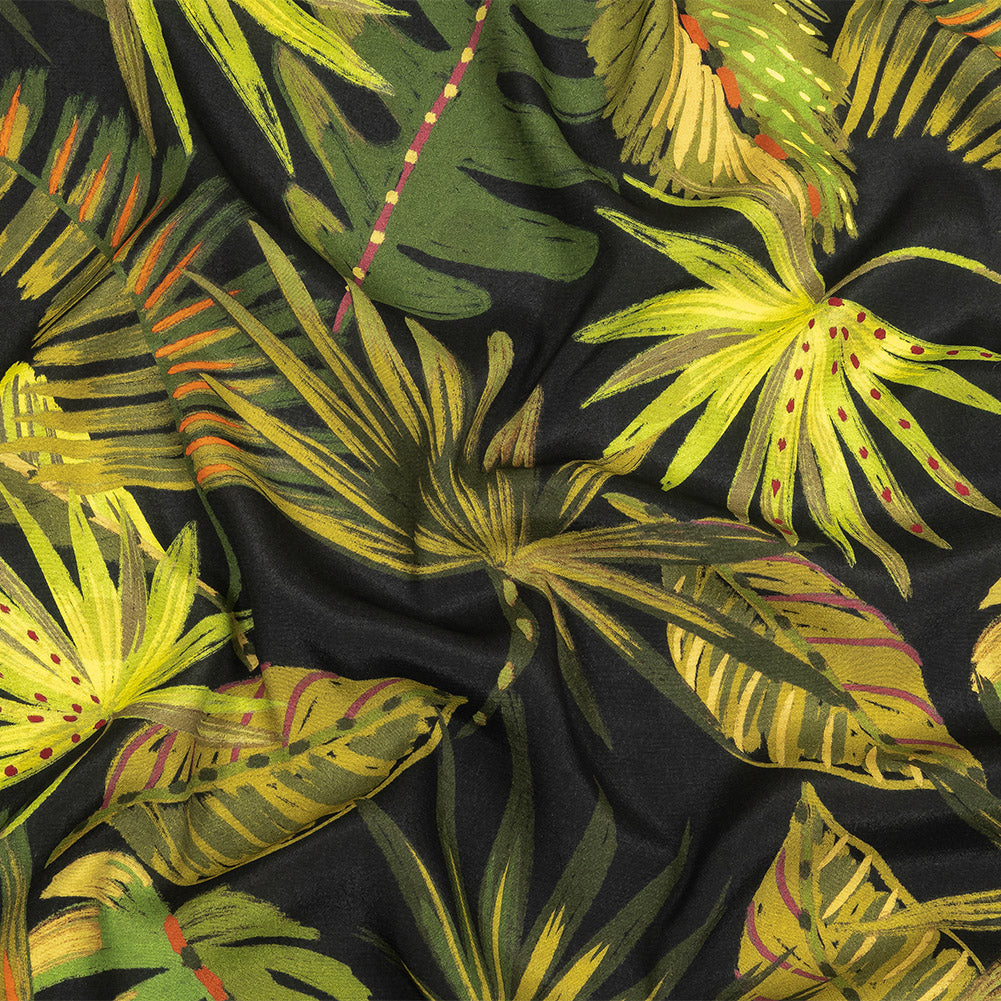 Viscose Crepe Print - Black and Green Palm Leaves - Mood Exclusive Tangled Thicket Viscose Crepe Print - Black and Green Palm Leaves - Mood Exclusive Tangled Thicket