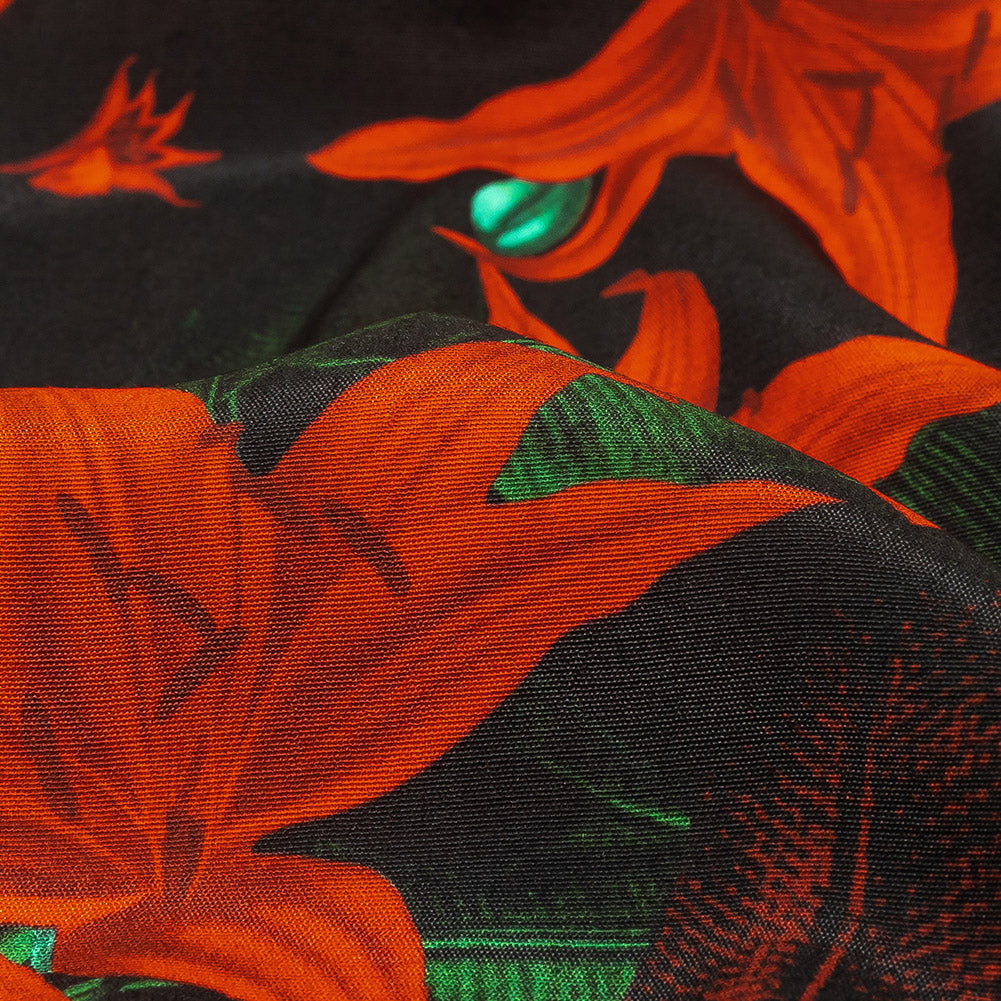 Viscose Crepe Print - Red, Black and Green Floral - Mood Exclusive Luminescent Lilies Detail Viscose Crepe Print - Red, Black and Green Floral - Mood Exclusive Luminescent Lilies Detail