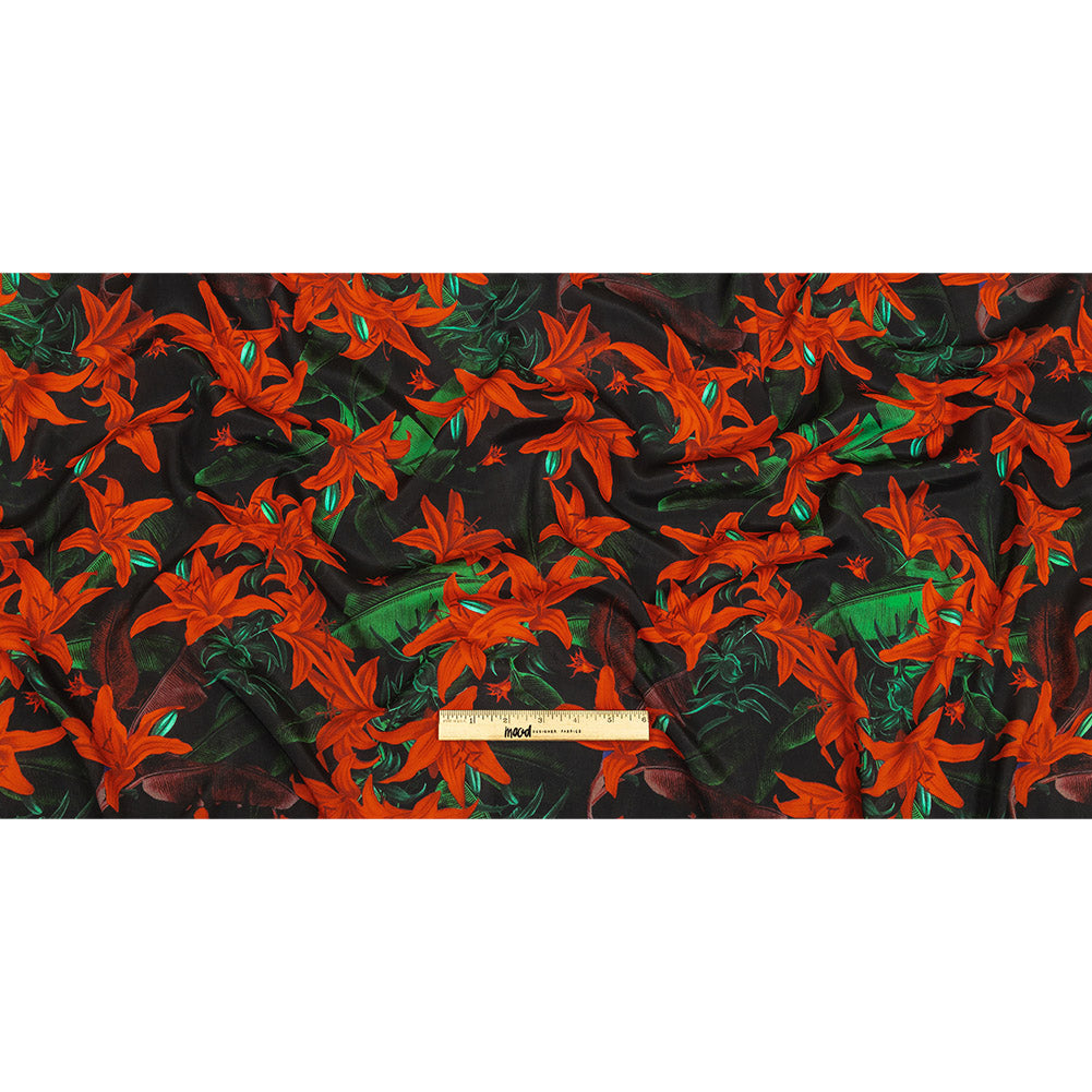 Viscose Crepe Print - Red, Black and Green Floral - Mood Exclusive Luminescent Lilies Full Viscose Crepe Print - Red, Black and Green Floral - Mood Exclusive Luminescent Lilies Full