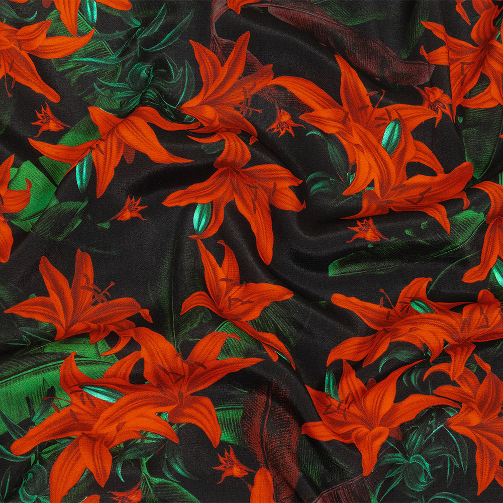 Viscose Crepe Print - Red, Black and Green Floral - Mood Exclusive Luminescent Lilies Viscose Crepe Print - Red, Black and Green Floral - Mood Exclusive Luminescent Lilies