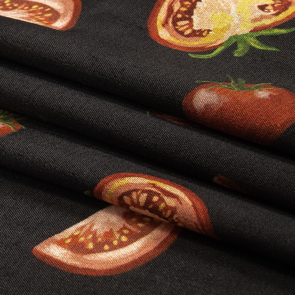 Sustainable Viscose Woven Print - Jet Set Black and Red Tomatoes - Mood Exclusive Homegrown Haute Couture Folded