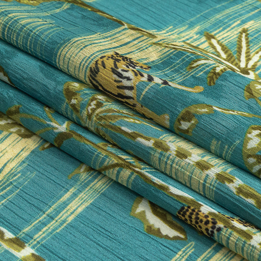 Crinkled Leafy Polyester Jacquard Print - Blue and Green Savannah Cats - Mood Exclusive Cerrado Folded Crinkled Leafy Polyester Jacquard Print - Blue and Green Savannah Cats - Mood Exclusive Cerrado Folded