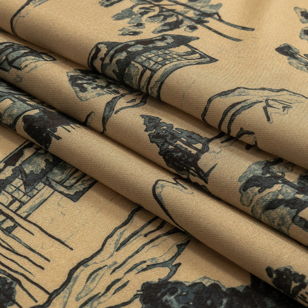 Viscose Twill Print - Smoke Gray and Beige Mountains and Trees - Mood Exclusive Shirakawa-go Folded Viscose Twill Print - Smoke Gray and Beige Mountains and Trees - Mood Exclusive Shirakawa-go Folded