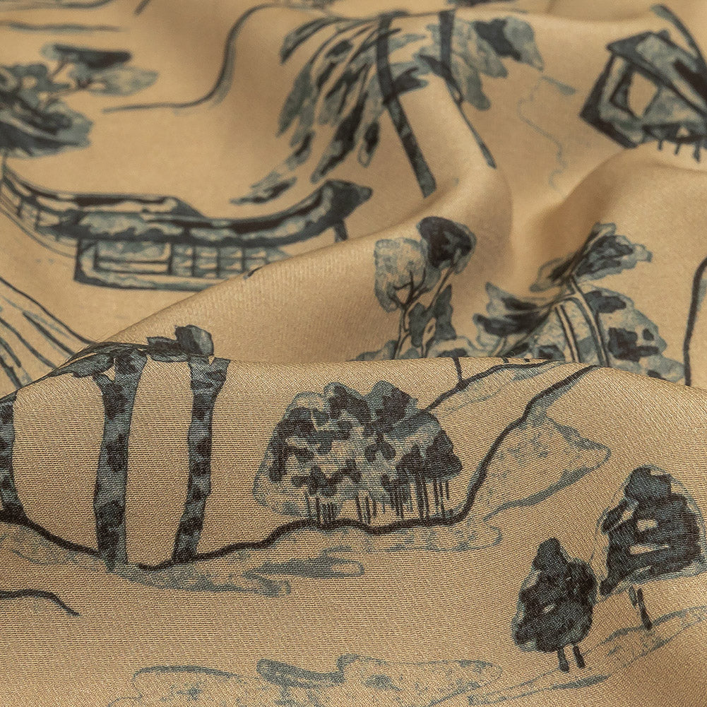 Viscose Twill Print - Smoke Gray and Beige Mountains and Trees - Mood Exclusive Shirakawa-go Detail Viscose Twill Print - Smoke Gray and Beige Mountains and Trees - Mood Exclusive Shirakawa-go Detail