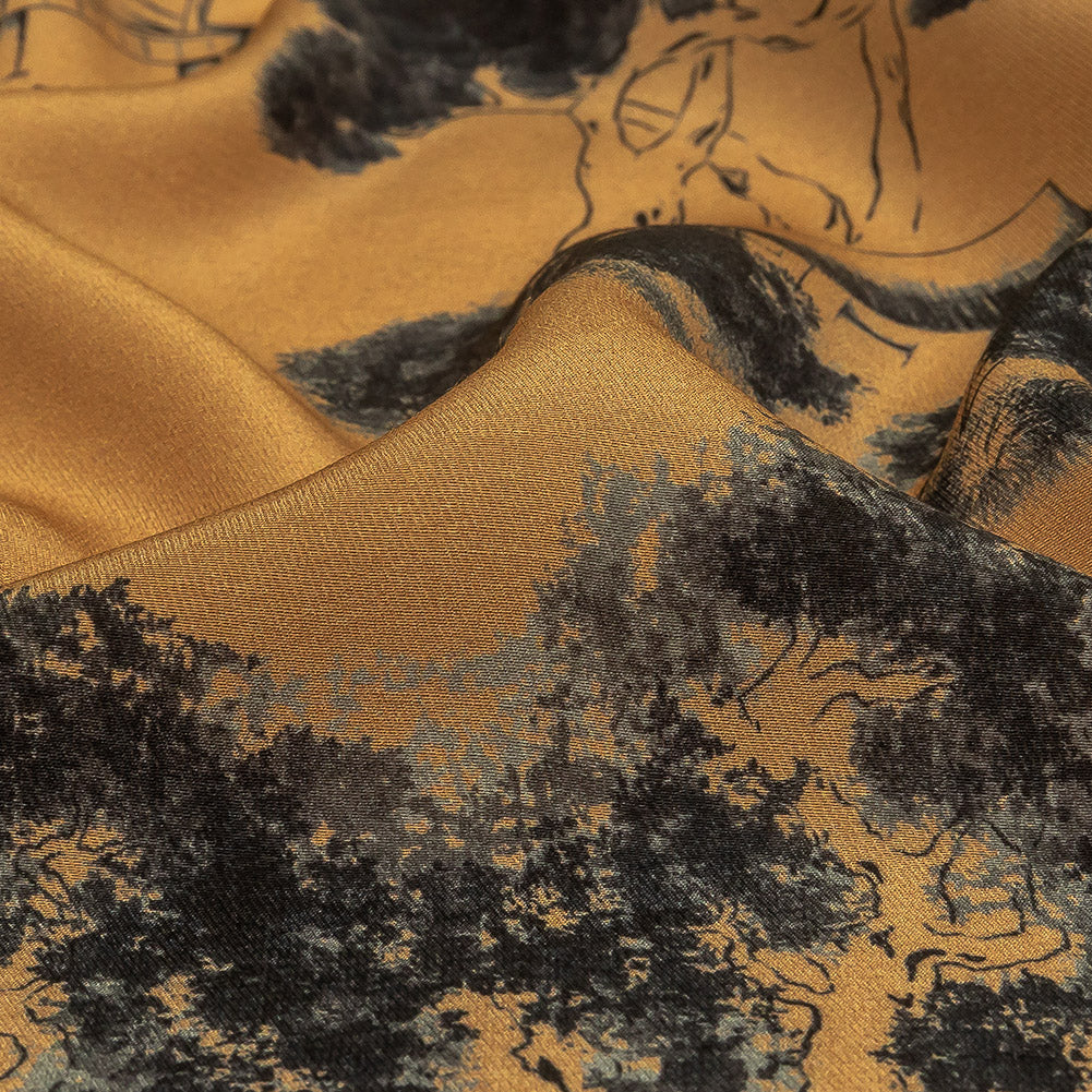 Viscose Twill Print - Tan and Black Trees and Houses - Mood Exclusive Among the Kii Mountains Detail Viscose Twill Print - Tan and Black Trees and Houses - Mood Exclusive Among the Kii Mountains Detail