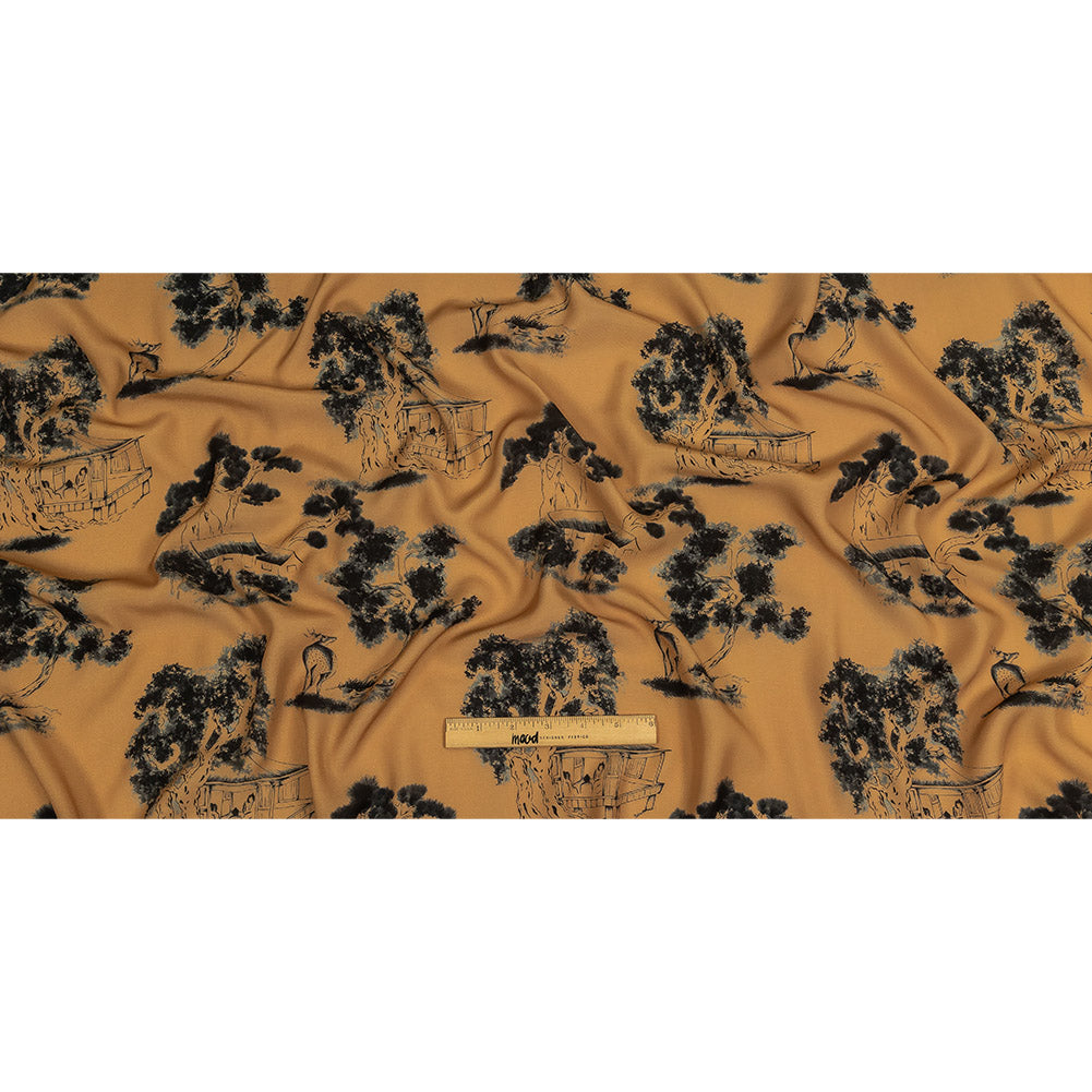 Viscose Twill Print - Tan and Black Trees and Houses - Mood Exclusive Among the Kii Mountains Full Viscose Twill Print - Tan and Black Trees and Houses - Mood Exclusive Among the Kii Mountains Full