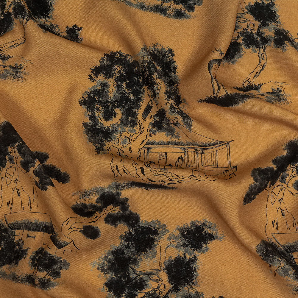 Viscose Twill Print - Tan and Black Trees and Houses - Mood Exclusive Among the Kii Mountains Viscose Twill Print - Tan and Black Trees and Houses - Mood Exclusive Among the Kii Mountains