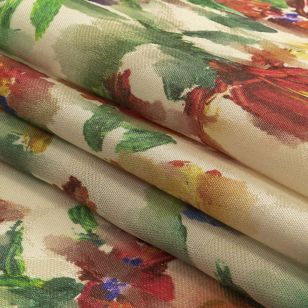Flowery Sustainable Viscose Jacquard Print - Cream, Blue and Yellow Floral - Mood Exclusive Sunday in the Park Folded Flowery Sustainable Viscose Jacquard Print - Cream, Blue and Yellow Floral - Mood Exclusive Sunday in the Park Folded