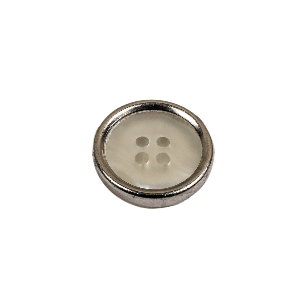 Italian Iridescent White 4 Hole Button with Silver Metal Rim - 25L/16mm Folded Italian Iridescent White 4 Hole Button with Silver Metal Rim - 25L/16mm Folded