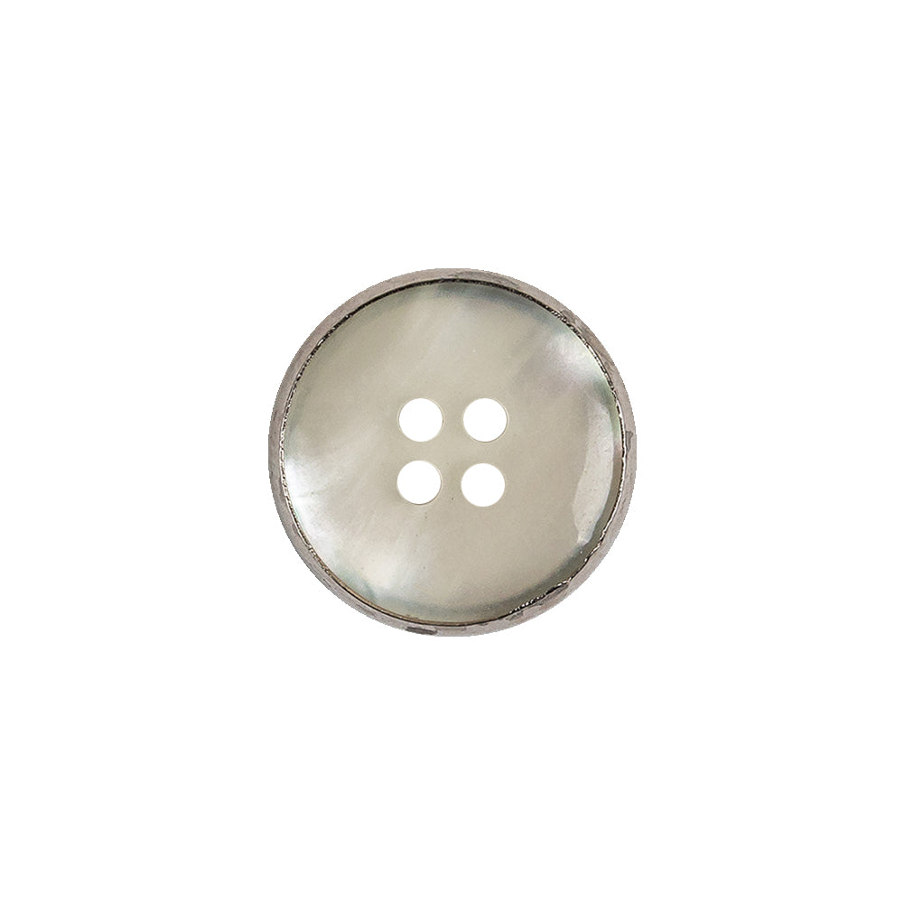 Italian Iridescent White 4 Hole Button with Silver Metal Rim - 25L/16mm Detail Italian Iridescent White 4 Hole Button with Silver Metal Rim - 25L/16mm Detail