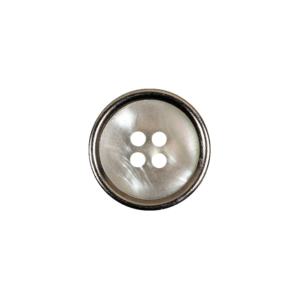 Italian Iridescent White 4 Hole Button with Silver Metal Rim - 25L/16mm Italian Iridescent White 4 Hole Button with Silver Metal Rim - 25L/16mm