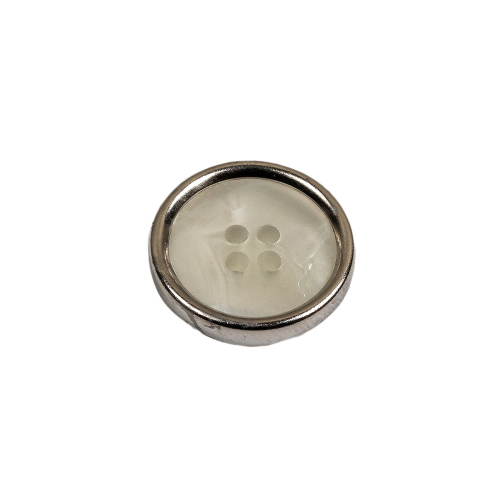 Italian Iridescent White 4 Hole Button with Silver Metal Rim - 28L/18mm Folded Italian Iridescent White 4 Hole Button with Silver Metal Rim - 28L/18mm Folded