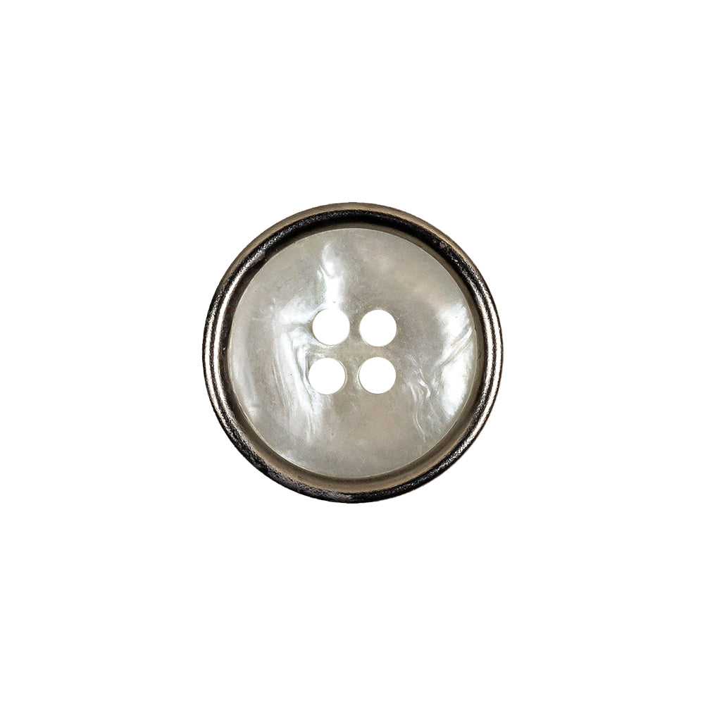 Italian Iridescent White 4 Hole Button with Silver Metal Rim - 28L/18mm Italian Iridescent White 4 Hole Button with Silver Metal Rim - 28L/18mm