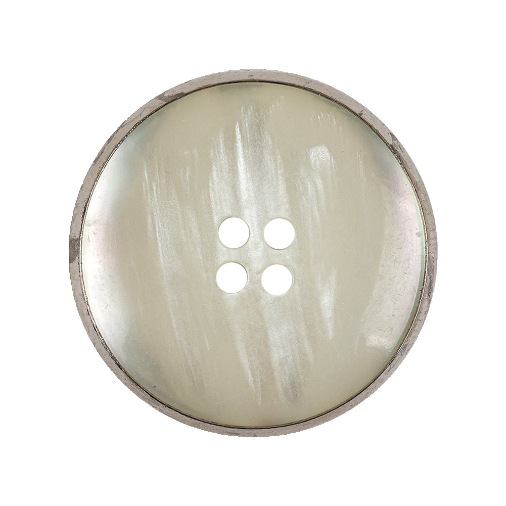 Italian Iridescent White 4 Hole Button with Silver Metal Rim - 44L/28mm Detail Italian Iridescent White 4 Hole Button with Silver Metal Rim - 44L/28mm Detail