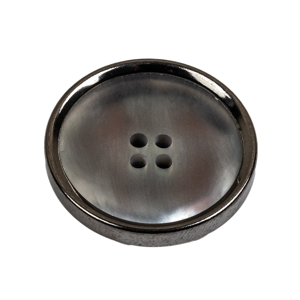 Italian Iridescent Gray 4 Hole Button with Gunmetal Rim - 44L/28mm Folded Italian Iridescent Gray 4 Hole Button with Gunmetal Rim - 44L/28mm Folded
