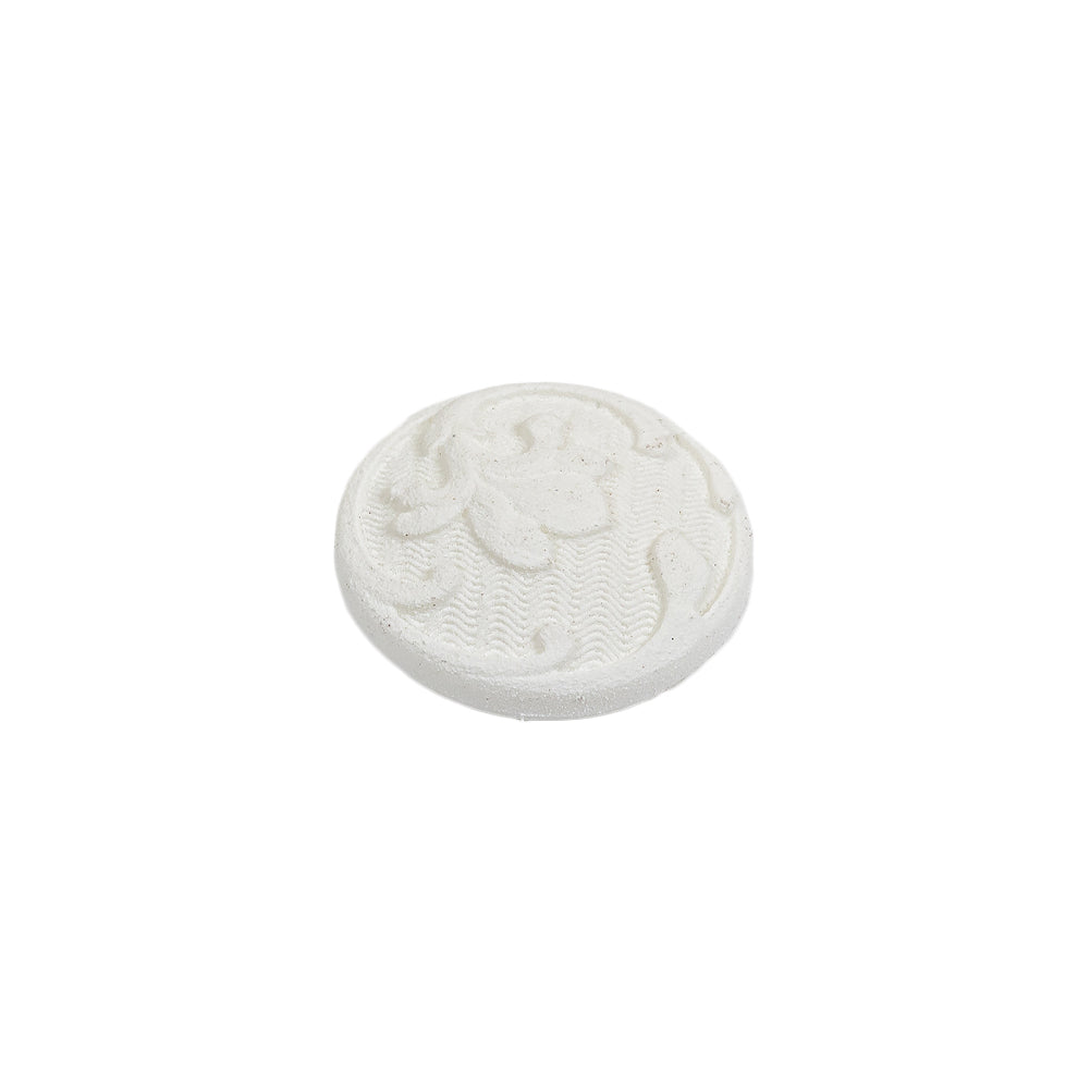 White Floral Embossed Shank Back Plastic Button - 24L/15mm Folded White Floral Embossed Shank Back Plastic Button - 24L/15mm Folded