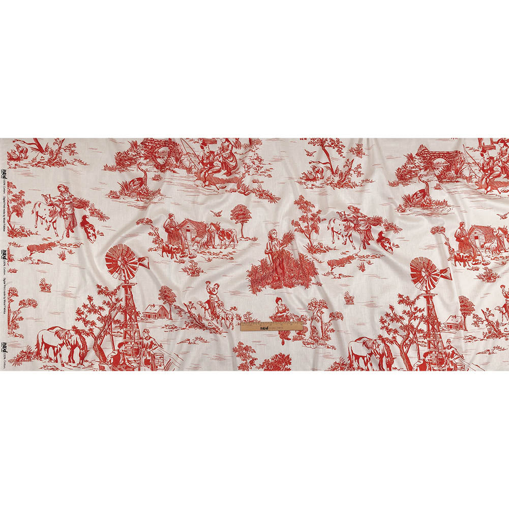 Cotton Voile - Cherry Tomato and White Classic Toile de Jouy Cotton Voile - Cherry Tomato and White Classic Toile de Jouy