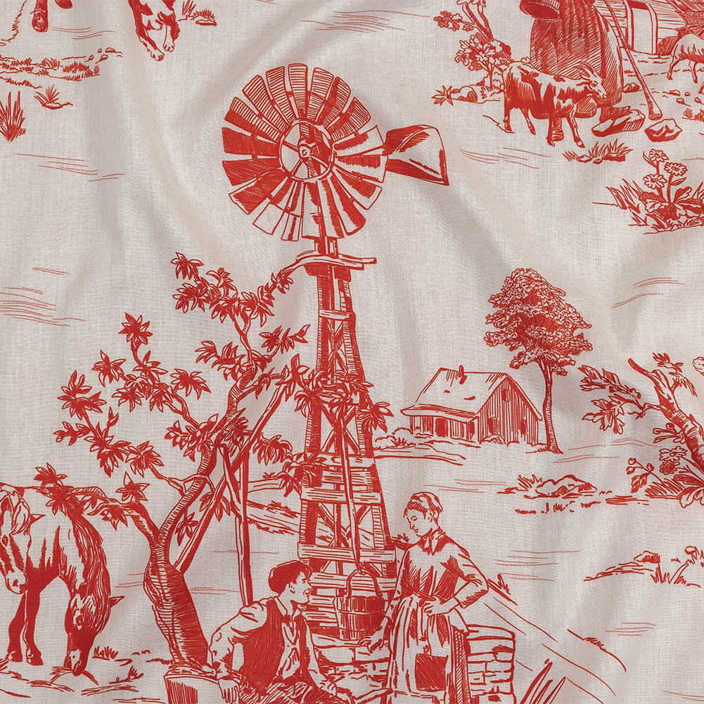 Cotton Voile - Cherry Tomato and White Classic Toile de Jouy Cotton Voile - Cherry Tomato and White Classic Toile de Jouy