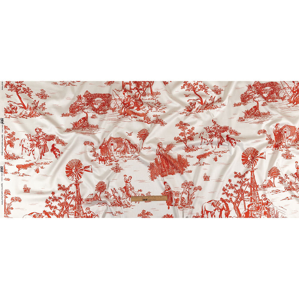 Cherry Tomato and White Classic Toile de Jouy Mercerized Organic Egyptian Cotton Shirting Cherry Tomato and White Classic Toile de Jouy Mercerized Organic Egyptian Cotton Shirting