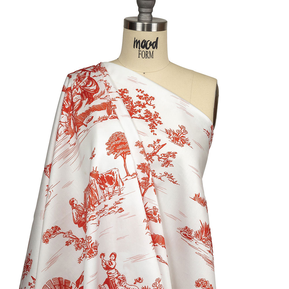 Cherry Tomato and White Classic Toile de Jouy Mercerized Organic Egyptian Cotton Shirting Cherry Tomato and White Classic Toile de Jouy Mercerized Organic Egyptian Cotton Shirting