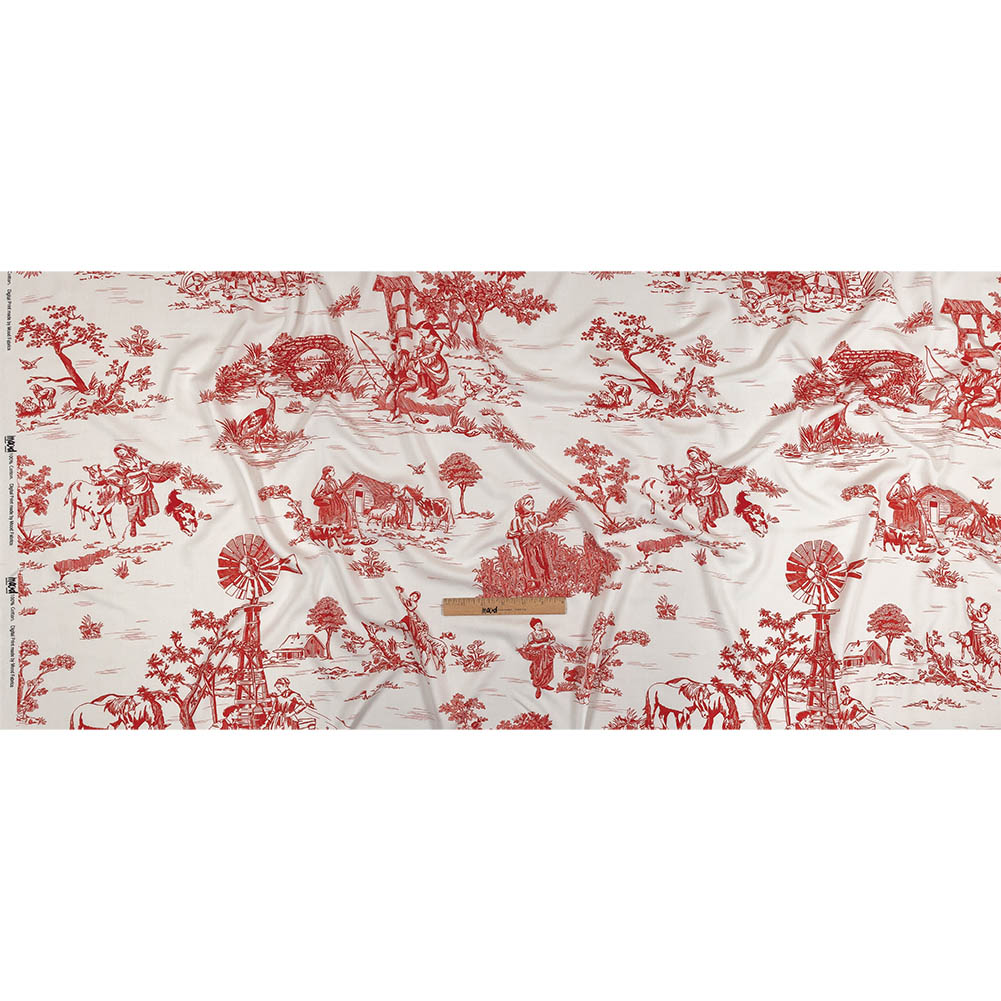 Cherry Tomato and White Classic Toile de Jouy Viscose Batiste Full Cherry Tomato and White Classic Toile de Jouy Viscose Batiste Full