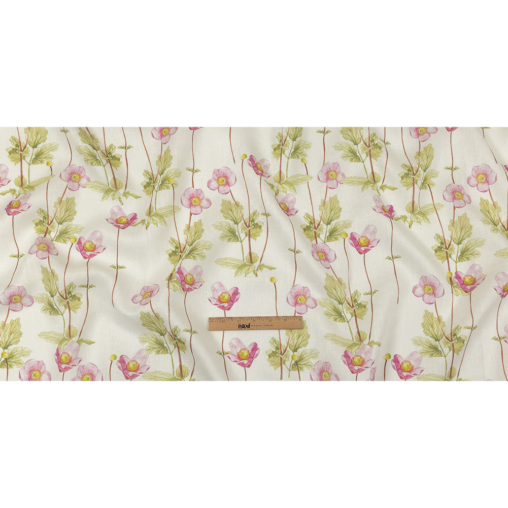 Pink, Green and White Anemone Flower Medium Weight Linen Woven Full Pink, Green and White Anemone Flower Medium Weight Linen Woven Full