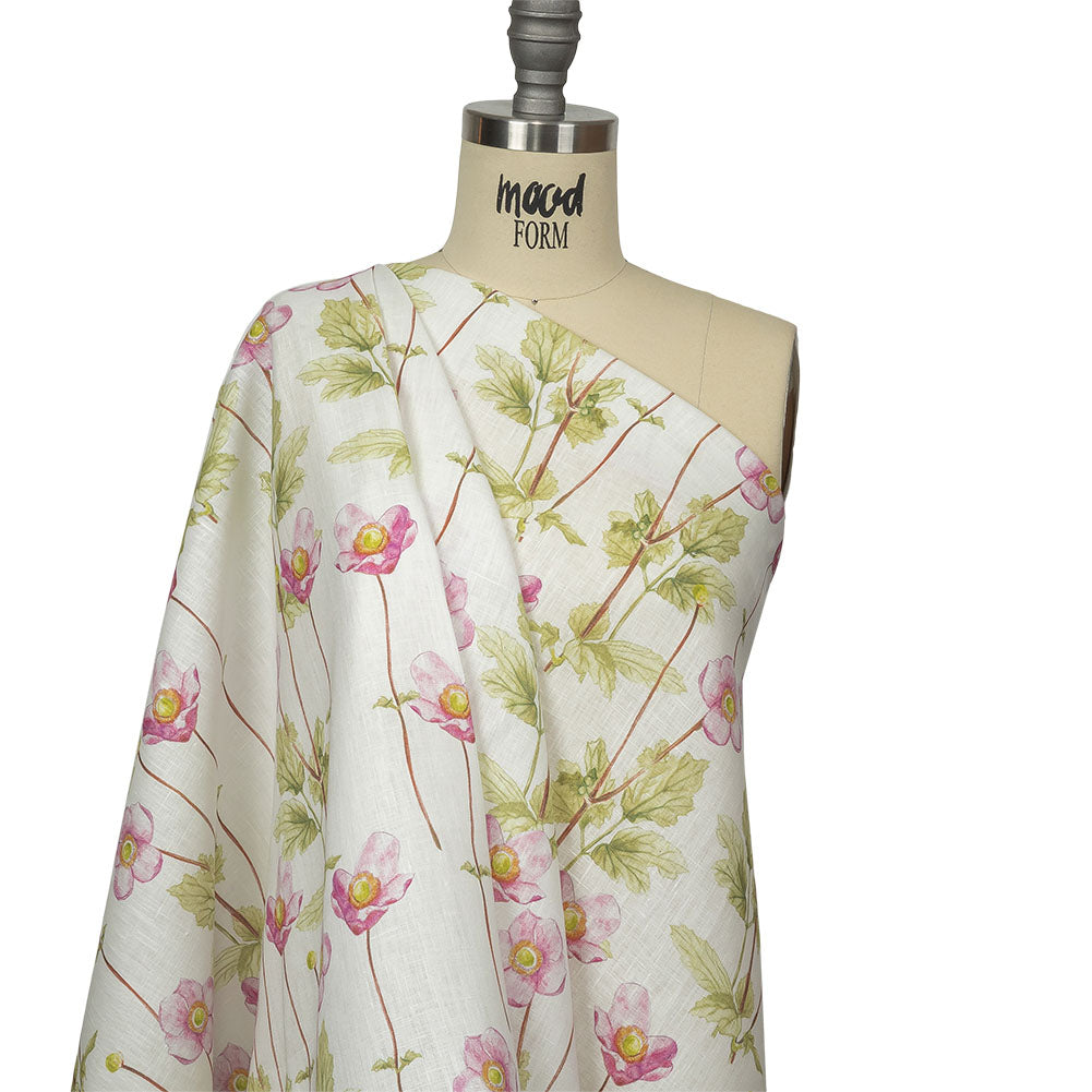 Pink, Green and White Anemone Flower Medium Weight Linen Woven Drape Pink, Green and White Anemone Flower Medium Weight Linen Woven Drape