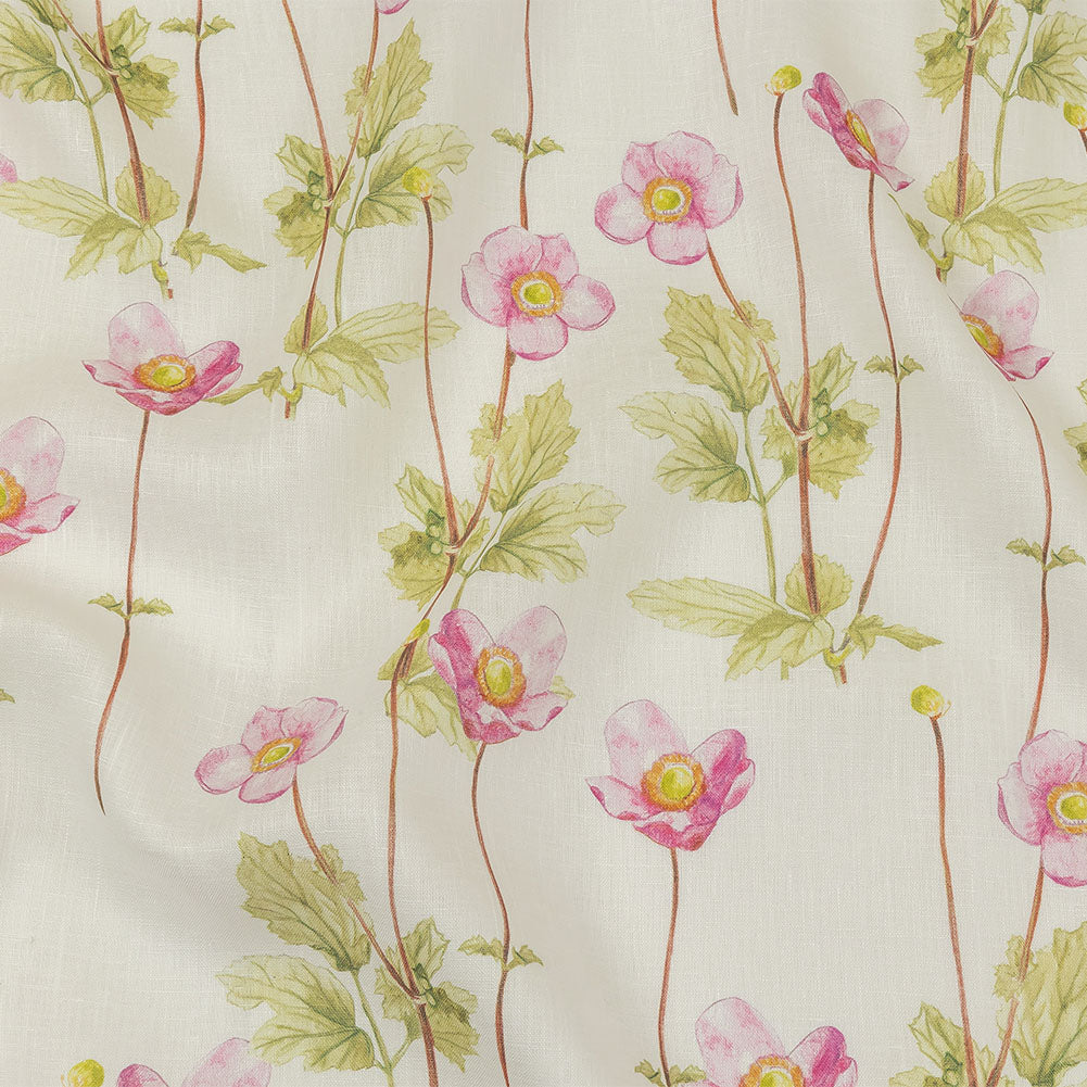 Pink, Green and White Anemone Flower Medium Weight Linen Woven Pink, Green and White Anemone Flower Medium Weight Linen Woven