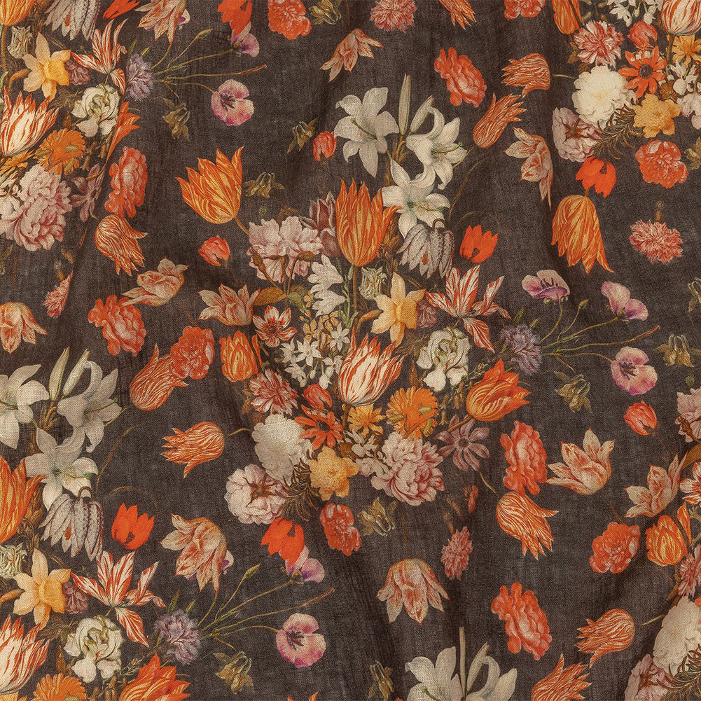 Red, Orange and Dark Brown Bouquets Lightweight Linen Woven Red, Orange and Dark Brown Bouquets Lightweight Linen Woven