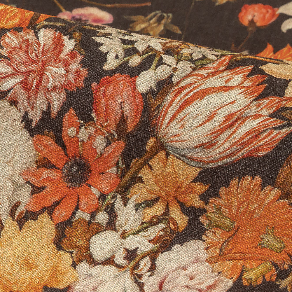 Red, Orange and Dark Brown Bouquets Stretch Linen and Rayon Woven Detail Red, Orange and Dark Brown Bouquets Stretch Linen and Rayon Woven Detail