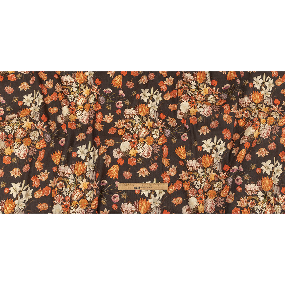 Red, Orange and Dark Brown Bouquets Stretch Linen and Rayon Woven Full Red, Orange and Dark Brown Bouquets Stretch Linen and Rayon Woven Full